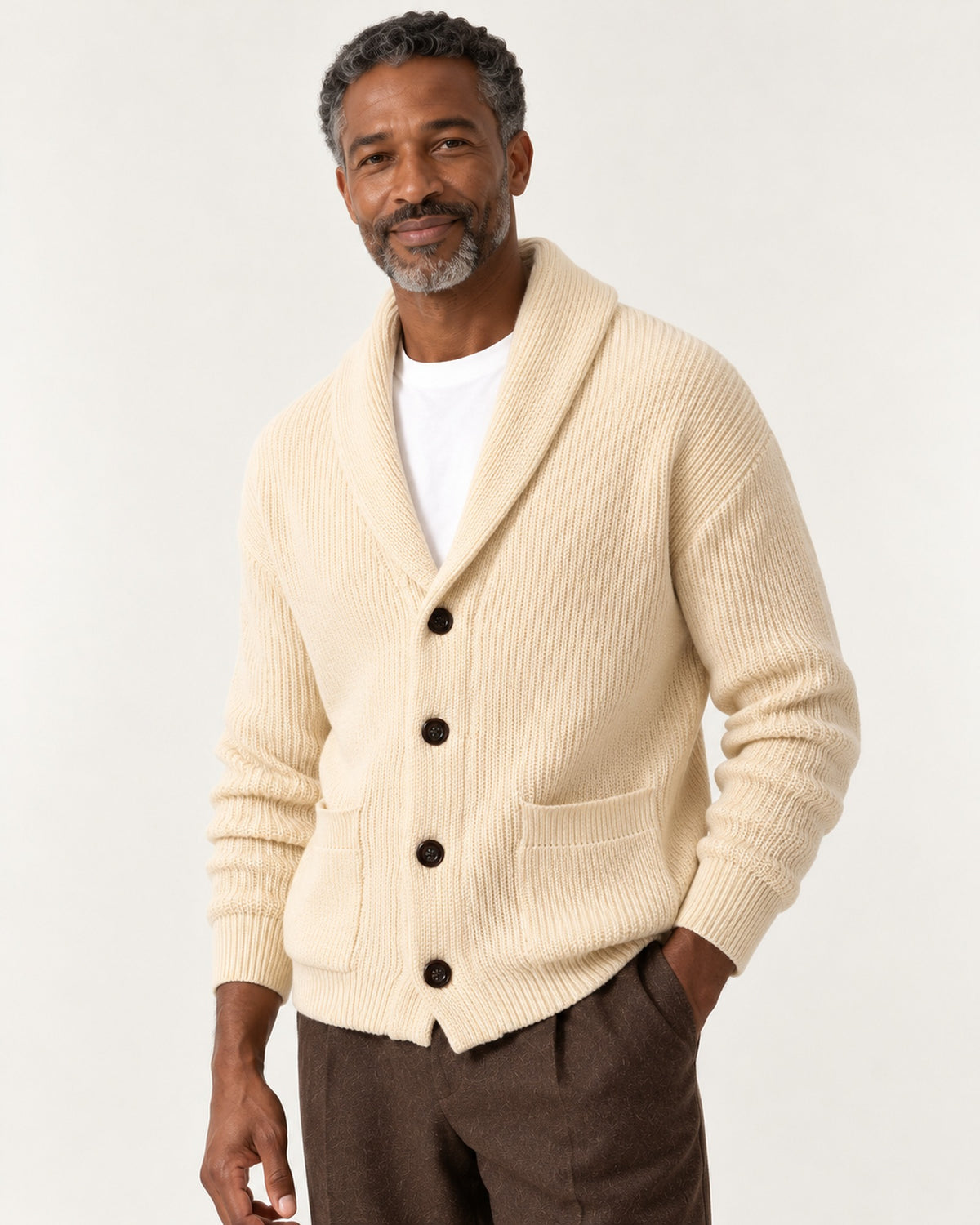 Antibes Shawl Collar Cardigan in Oat – on model, close-up