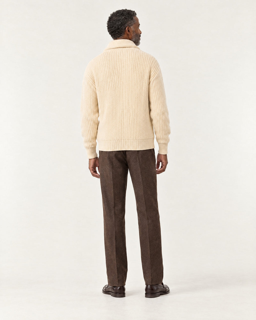 Antibes Shawl Collar Cardigan in Oat – on model, back view