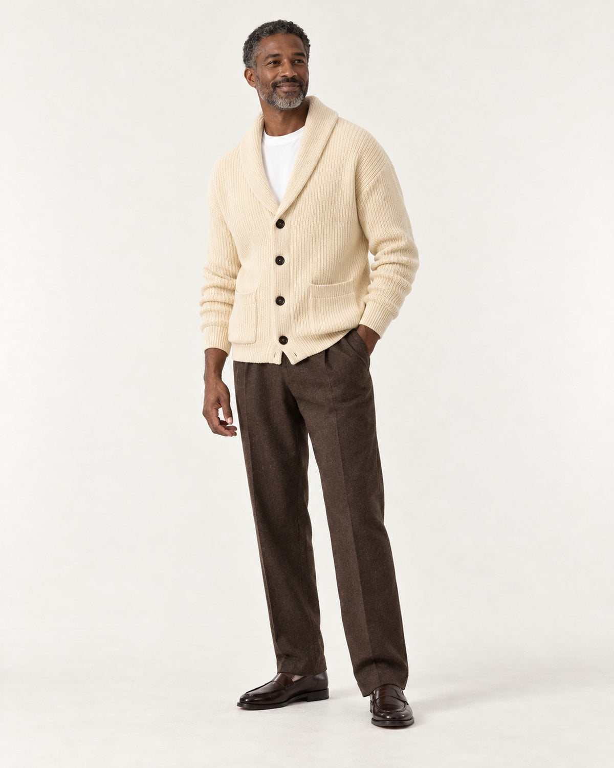 Antibes Shawl Collar Cardigan in Oat – on model