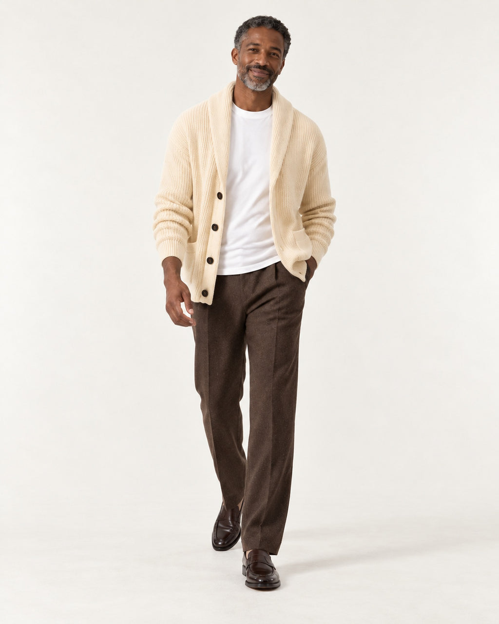 Antibes Shawl Collar Cardigan in Oat – on model, worn open