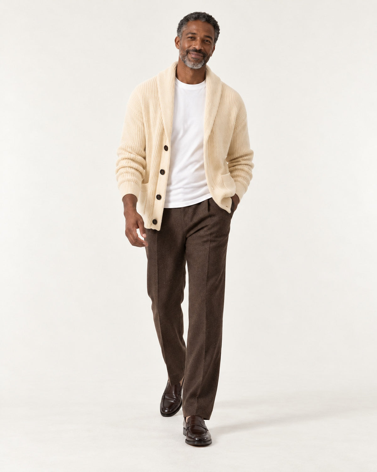 Antibes Shawl Collar Cardigan in Oat – on model, worn open