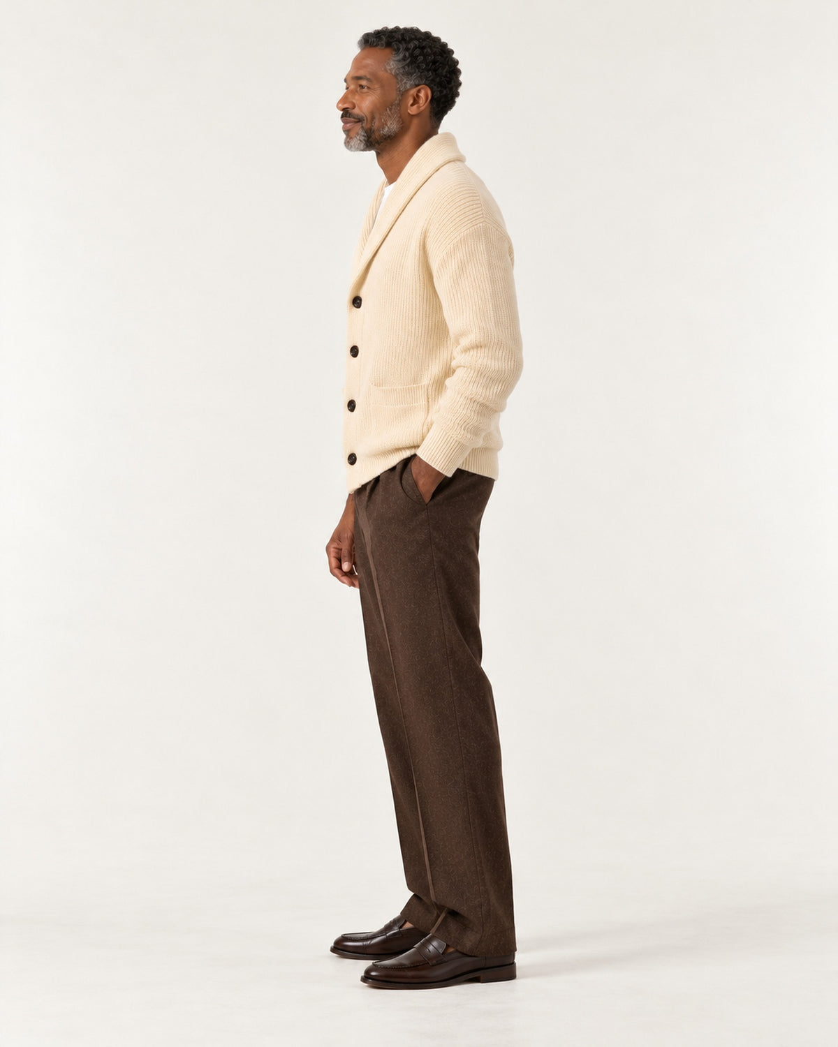 Antibes Shawl Collar Cardigan in Oat – on model, side view