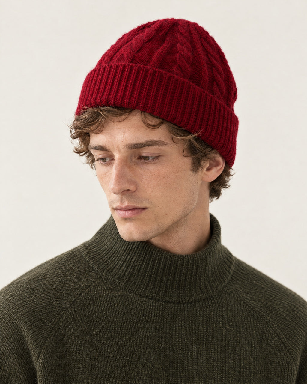 Auron Knit Beanie in Burgundy – on model, close-up