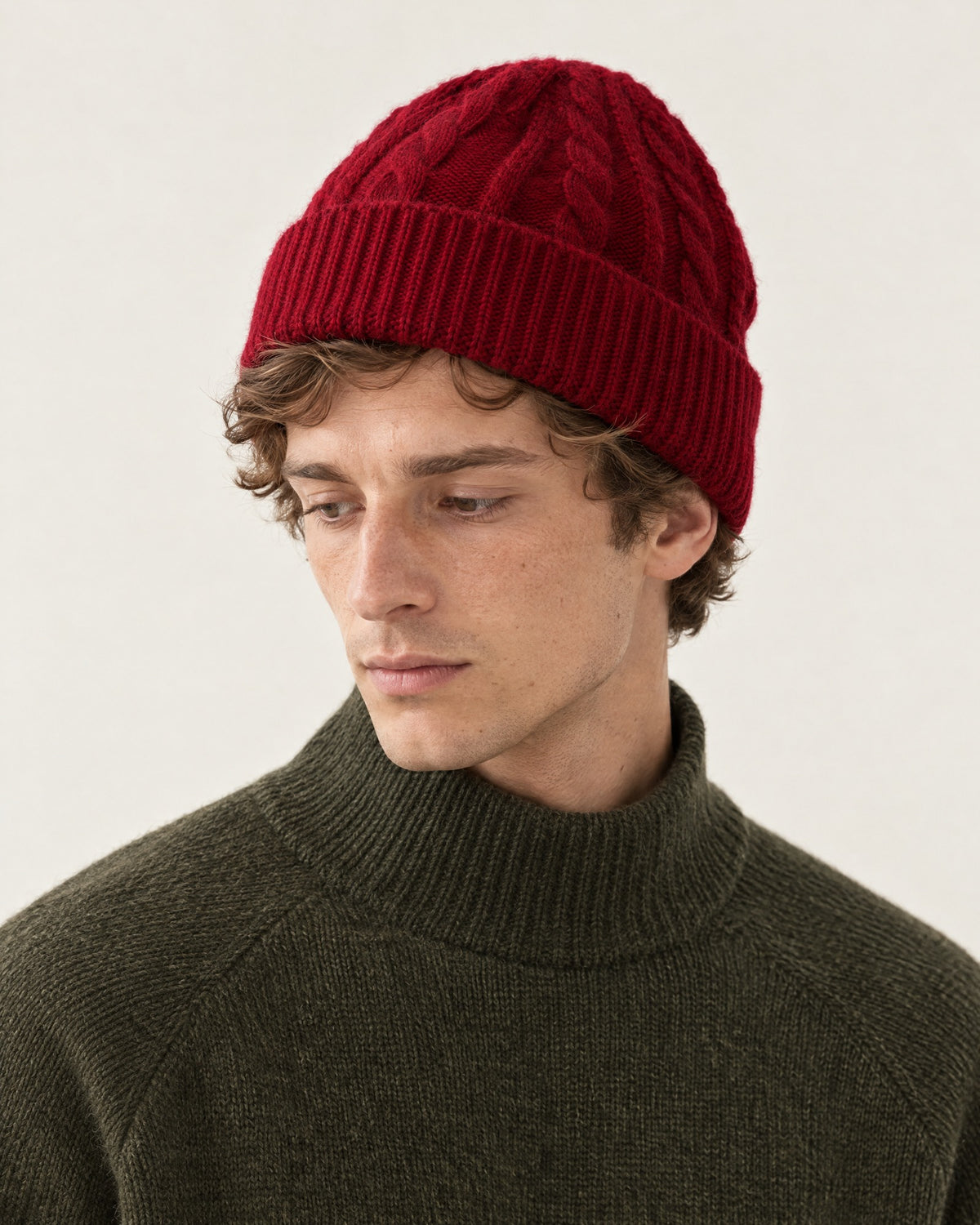 Auron Knit Beanie in Burgundy – on model, close-up