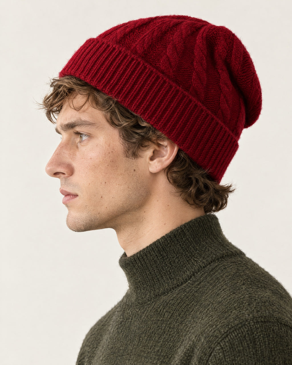 Auron Knit Beanie in Burgundy – on model, side profile