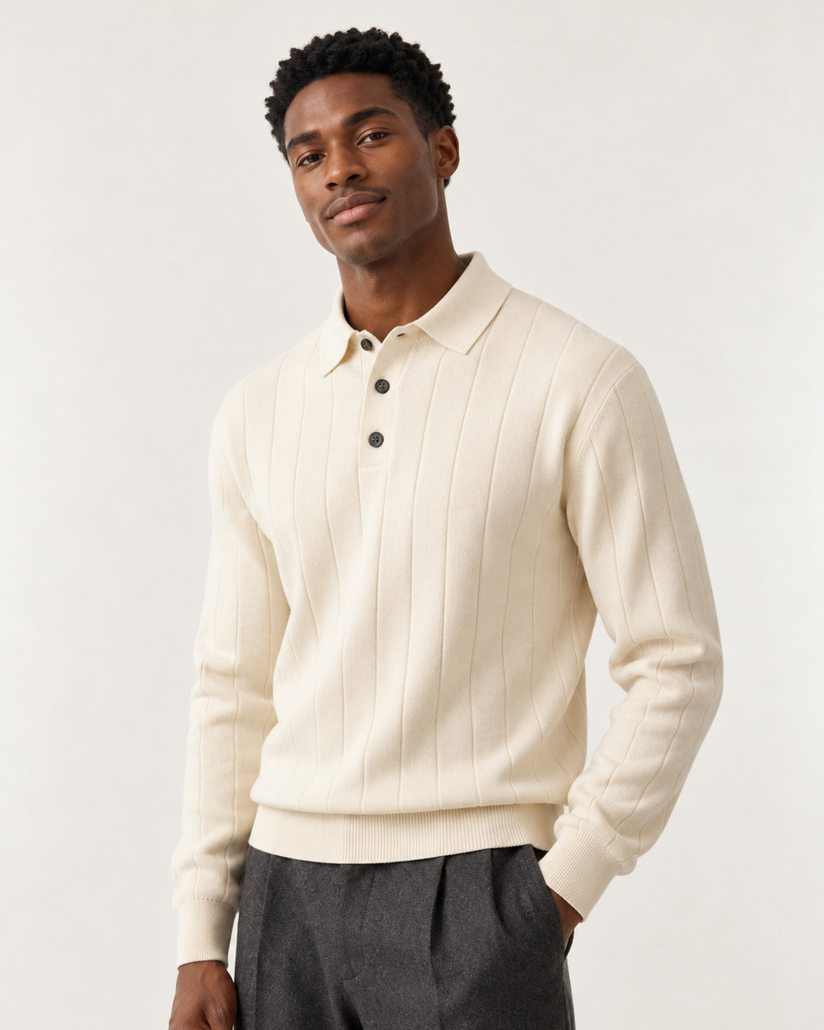 Beaulieu Ribbed Knit Polo in Ivory – on model, close-up