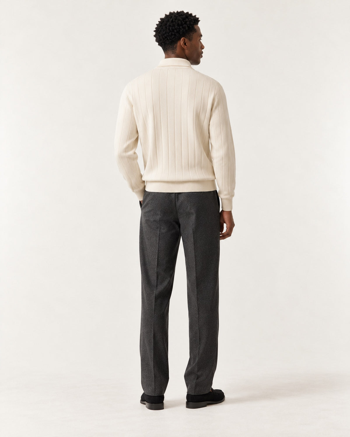 Beaulieu Ribbed Knit Polo in Ivory – on model, back view