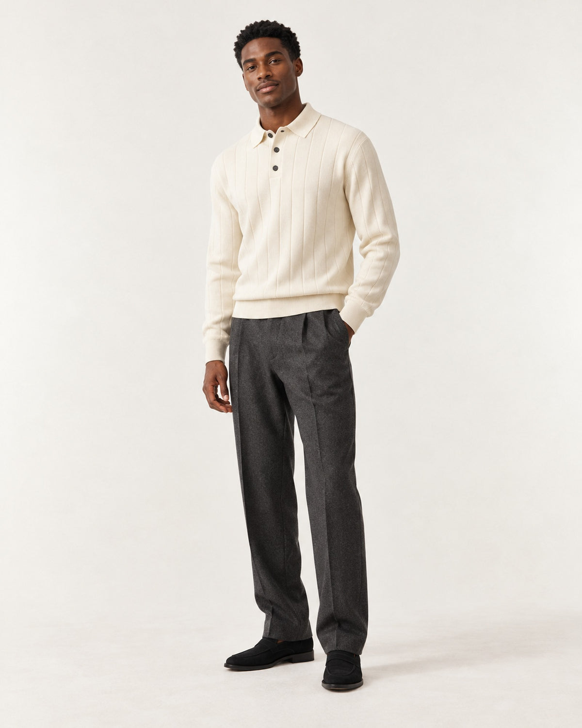 Beaulieu Ribbed Knit Polo in Ivory – on model