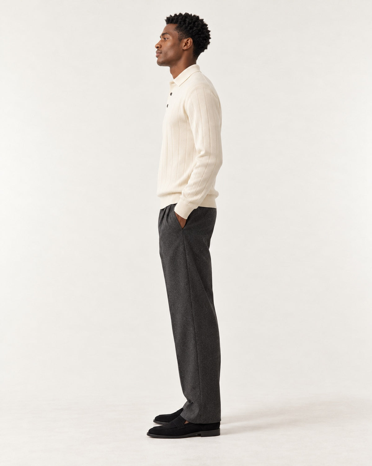 Beaulieu Ribbed Knit Polo in Ivory – on model, side view