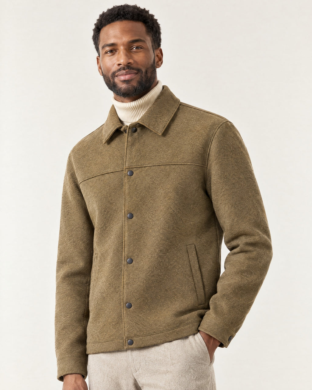 Brougham Shirt Jacket in Coffee – on model, close-up