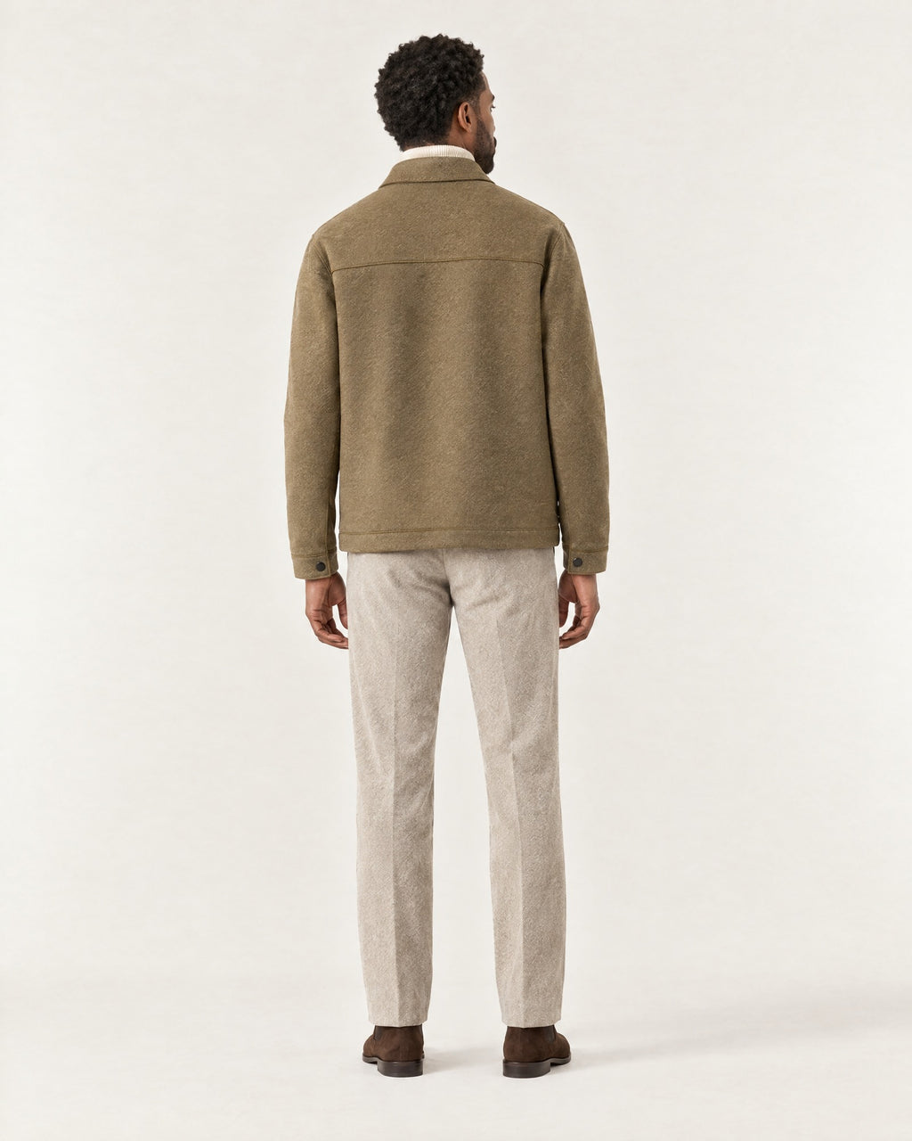 Brougham Shirt Jacket in Coffee – on model, back view
