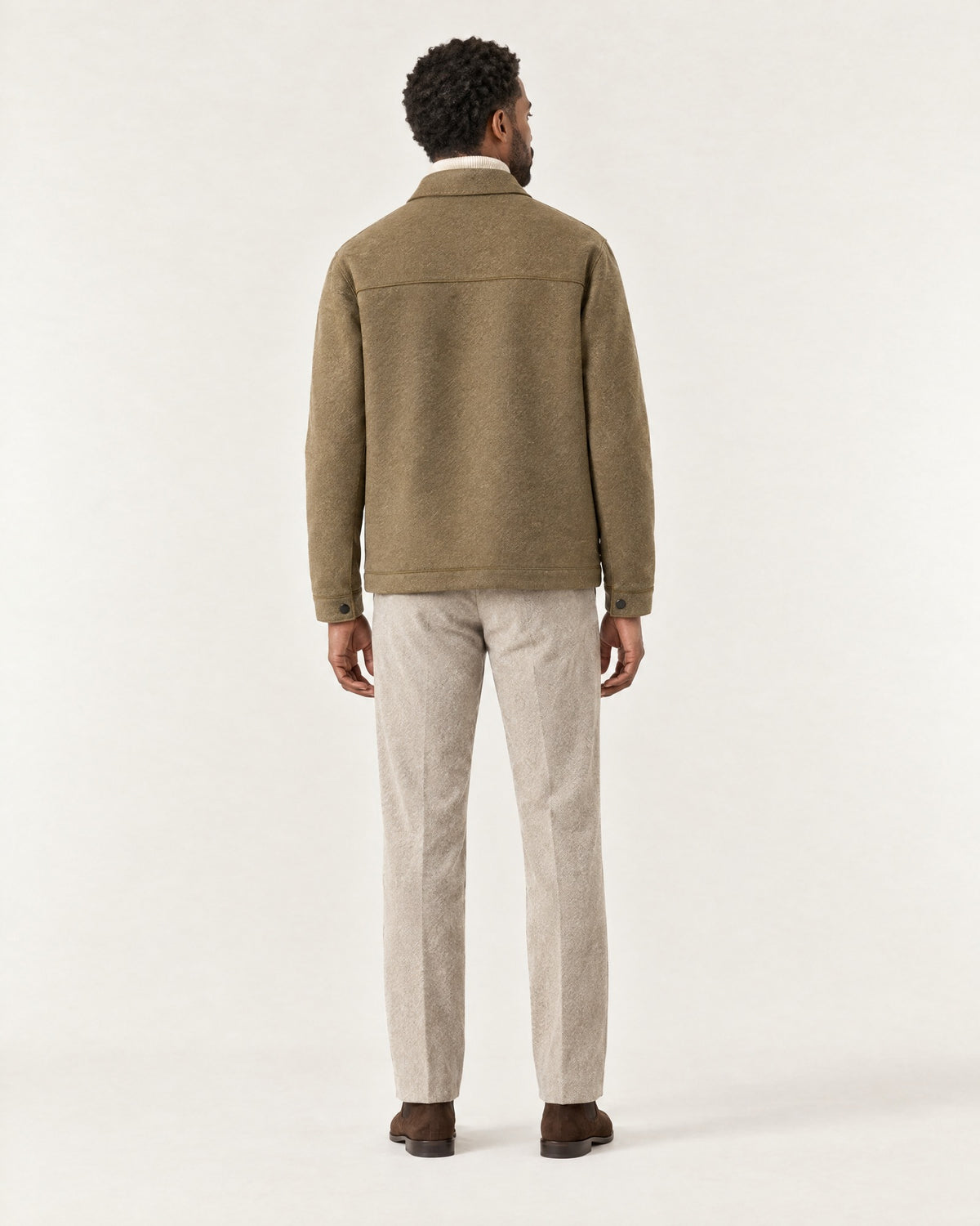 Brougham Shirt Jacket in Coffee – on model, back view