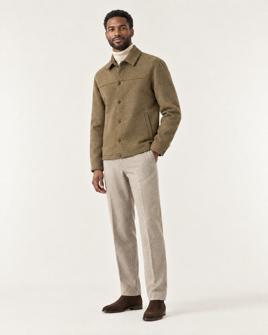 Brougham Shirt Jacket in Coffee – on model