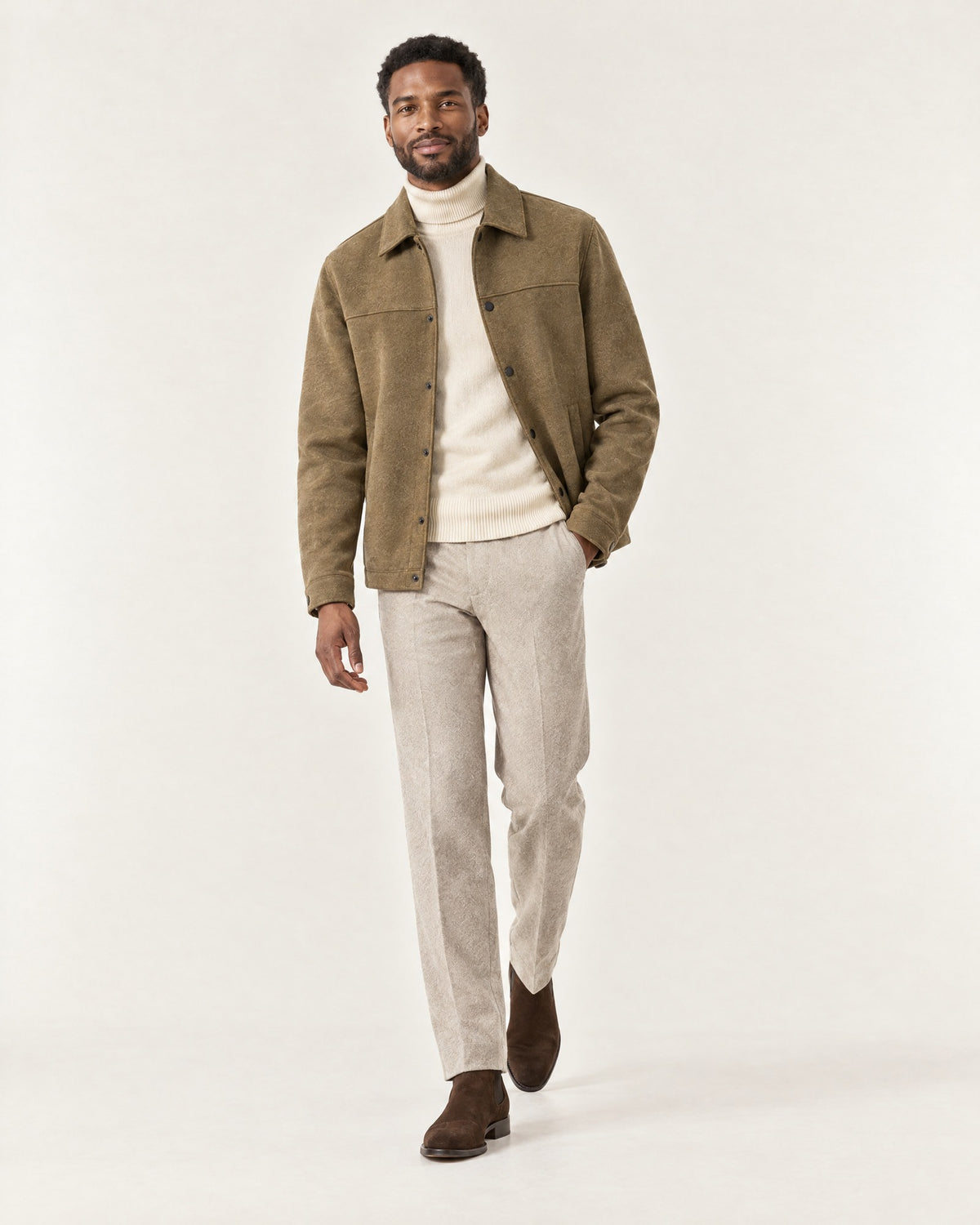 Brougham Shirt Jacket in Coffee – on model, worn open