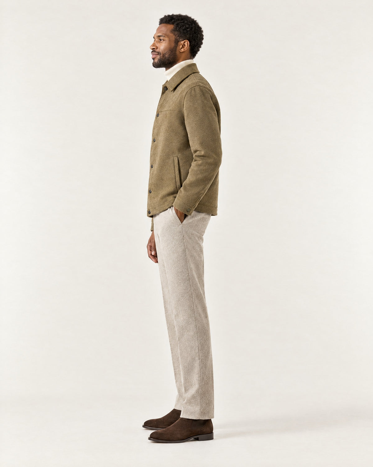 Brougham Shirt Jacket in Coffee – on model, side view
