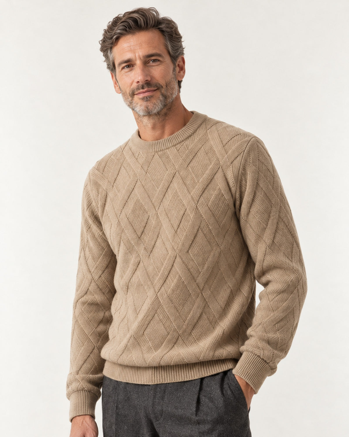 Cimiez Diamond Cable Sweater in Camel – on model, close-up