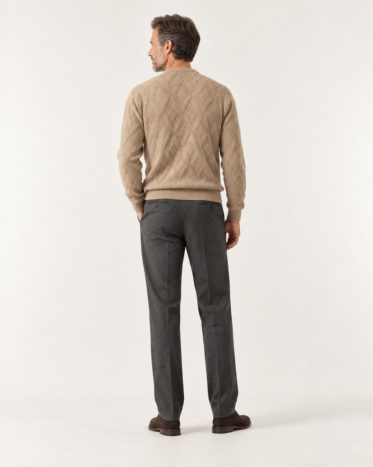 Cimiez Diamond Cable Sweater in Camel – on model, back view