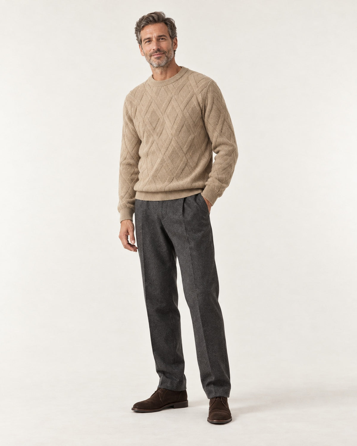 Cimiez Diamond Cable Sweater in Camel – on model