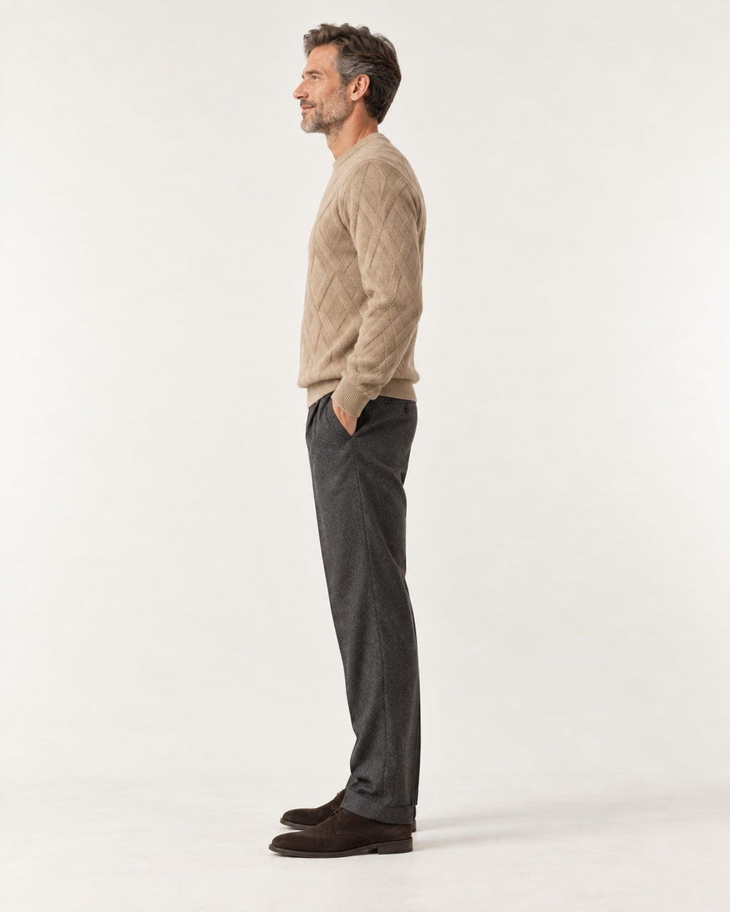 Cimiez Diamond Cable Sweater in Camel – on model, side view