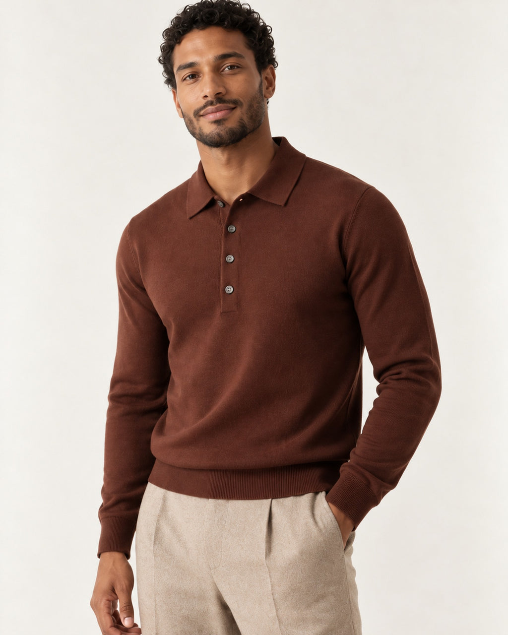 Croisette Fine Knit Polo in Brown – on model, close-up