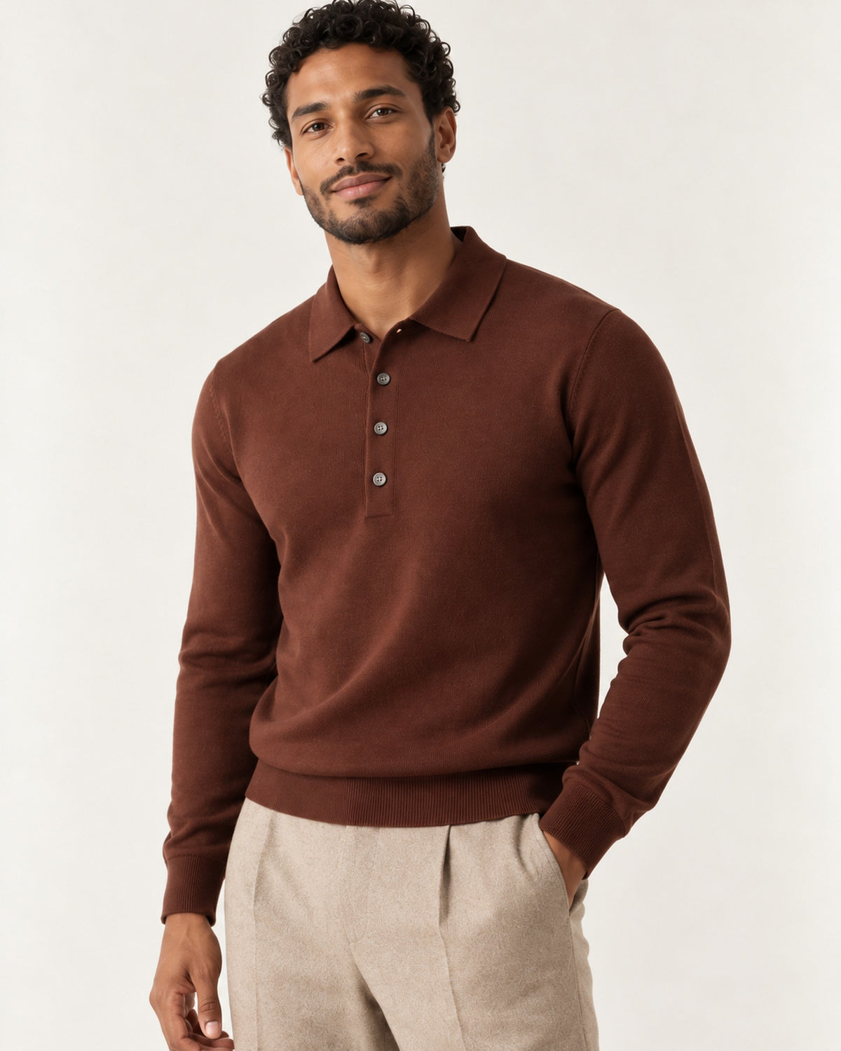Croisette Fine Knit Polo in Brown – on model, close-up
