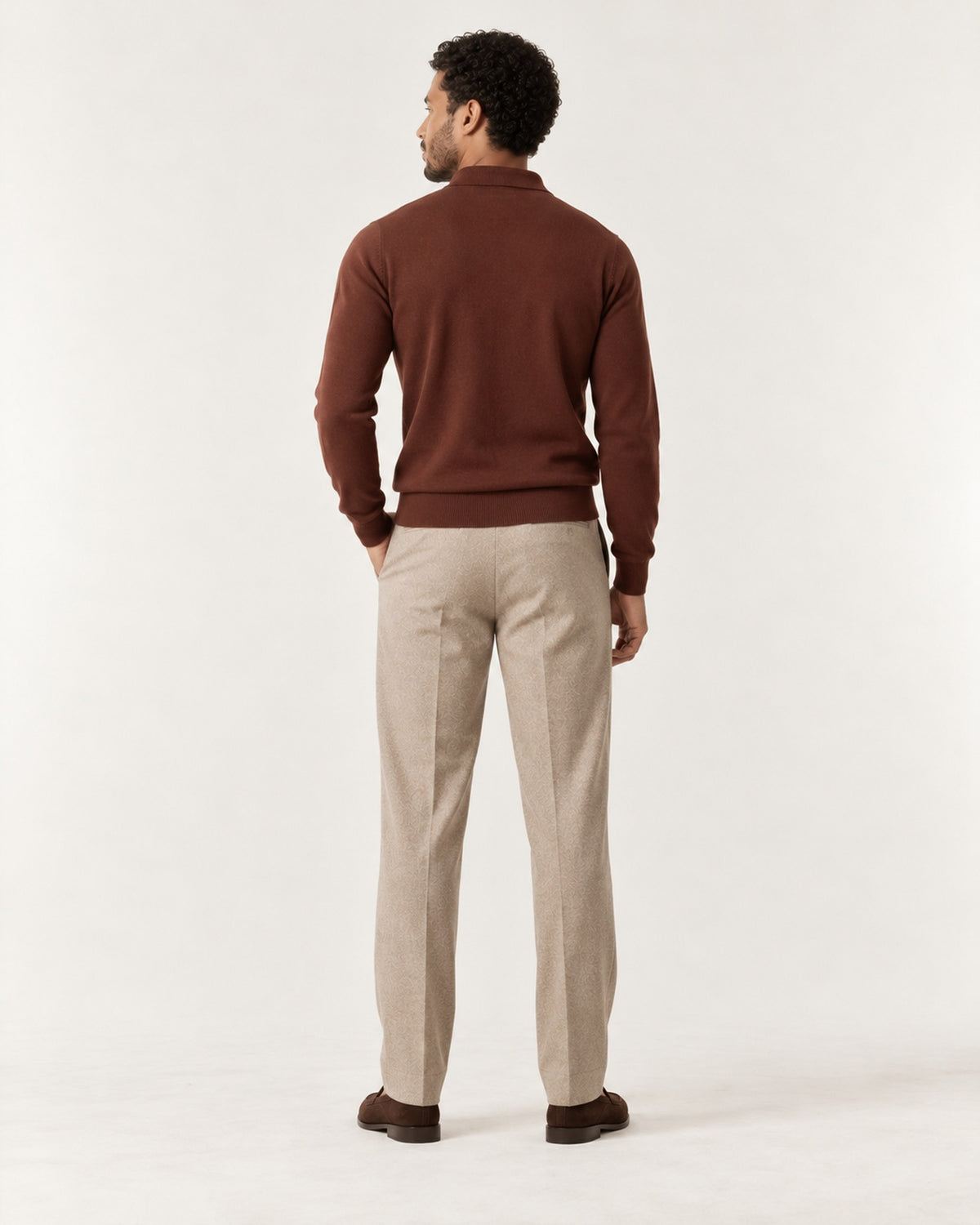 Croisette Fine Knit Polo in Brown – on model, back view