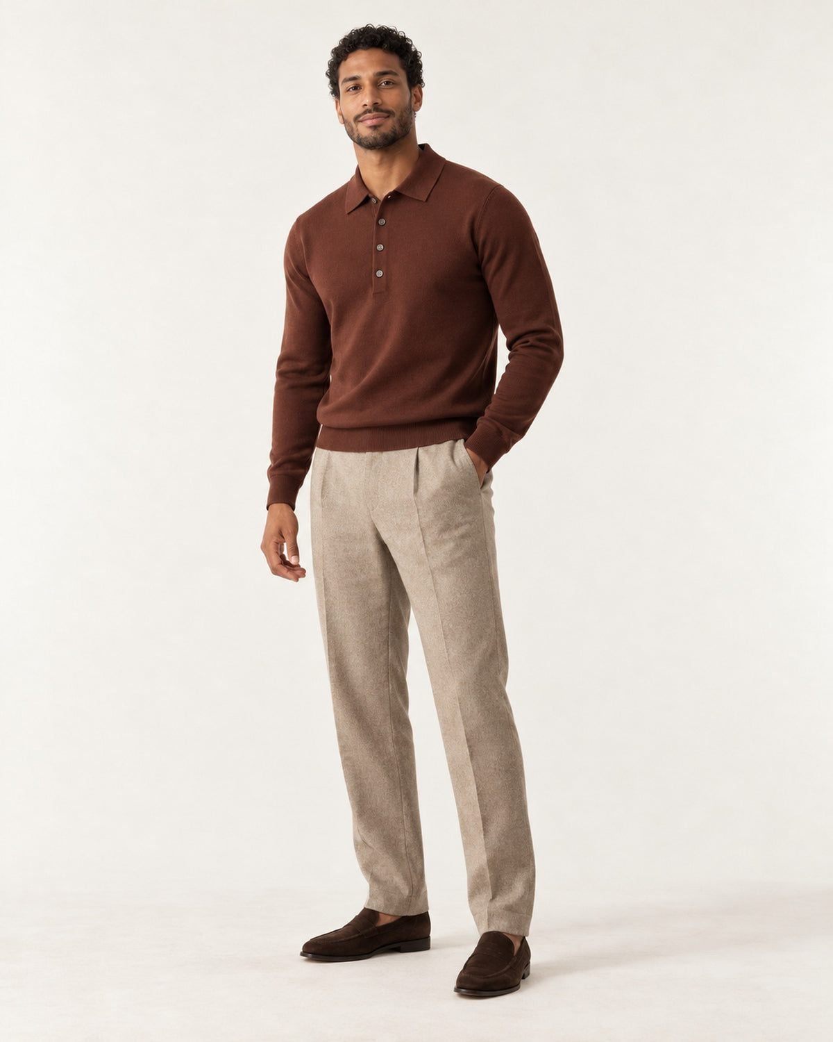 Croisette Fine Knit Polo in Brown – on model