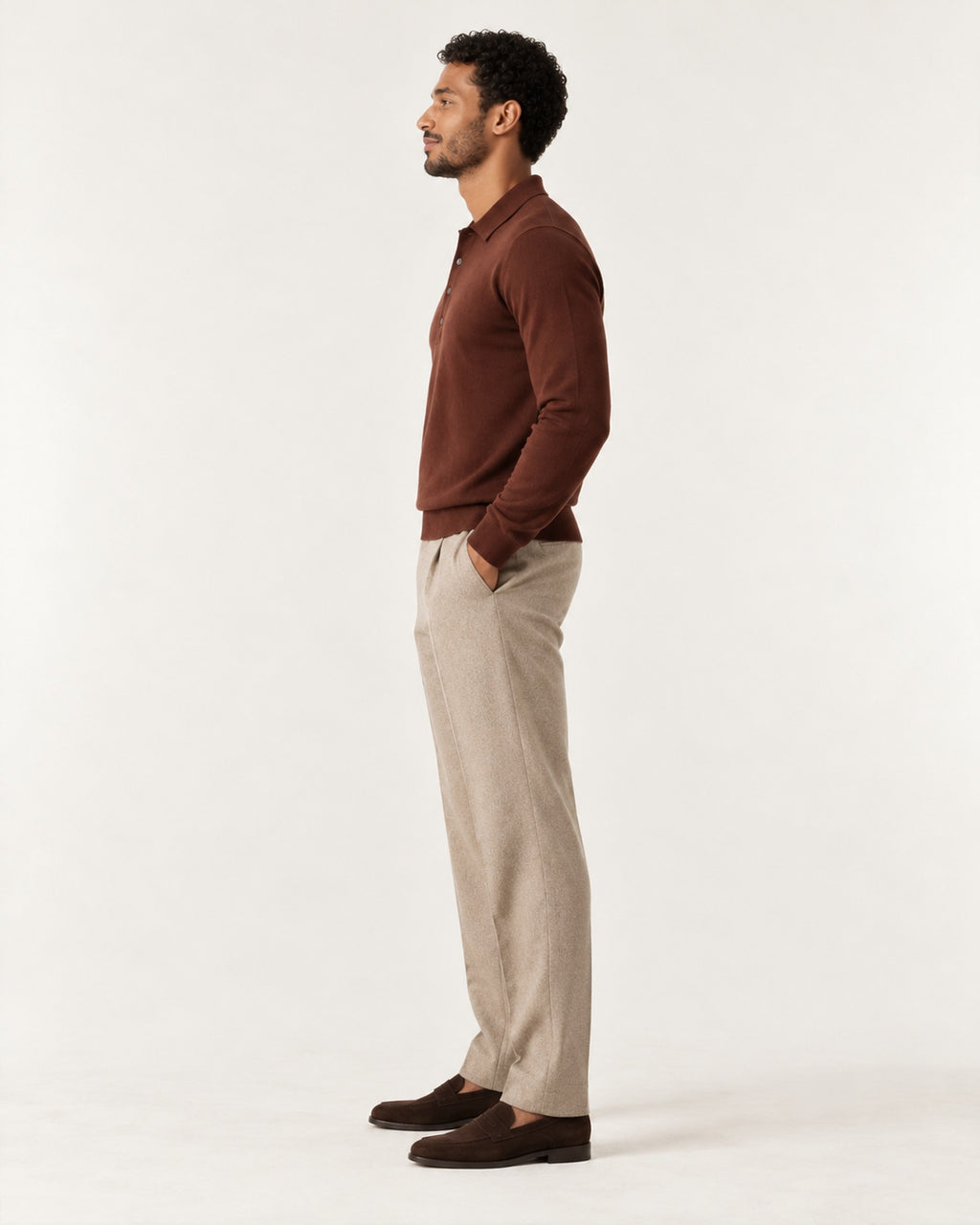 Croisette Fine Knit Polo in Brown – on model, side view
