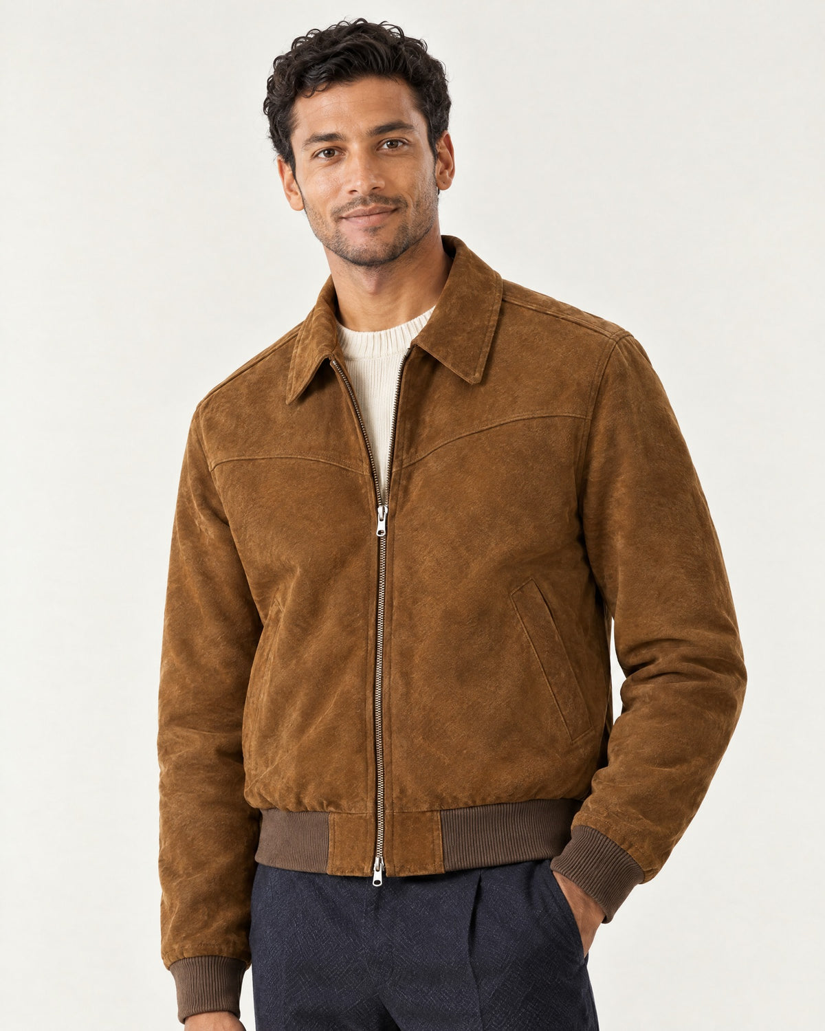Estérel Faux Suede Jacket in Brown – on model, close-up