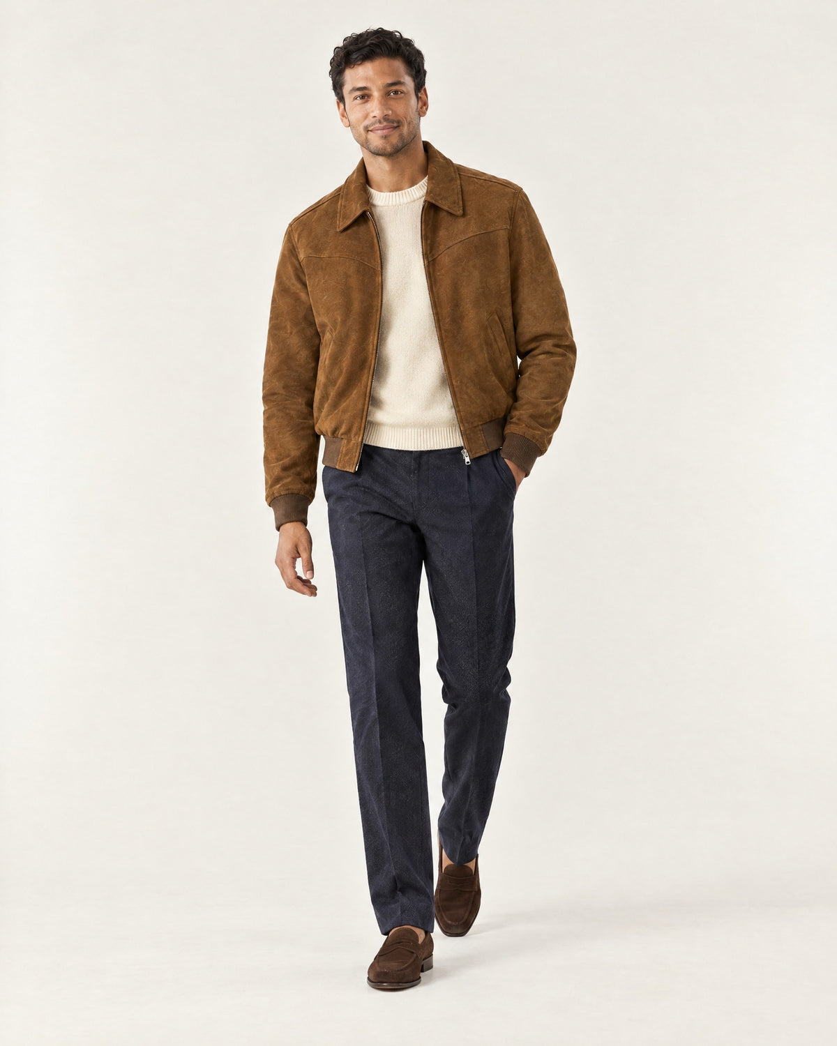 Estérel Faux Suede Jacket in Brown – on model, worn open