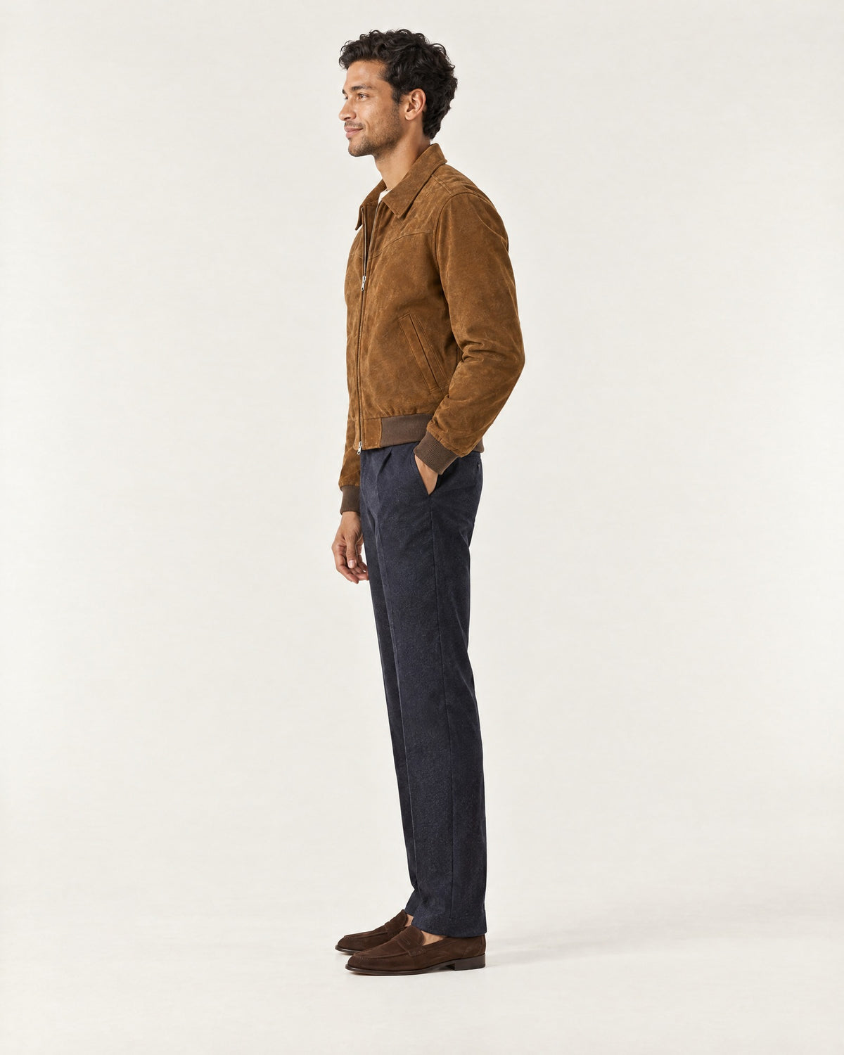 Estérel Faux Suede Jacket in Brown – on model, side view