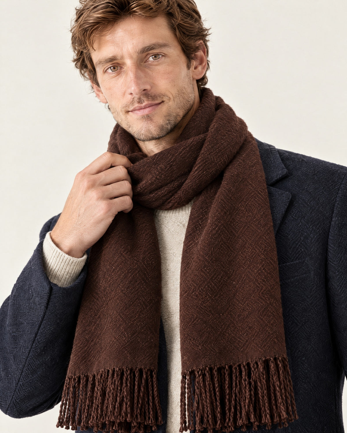 Èze Fringe Scarf in Chocolate – on model, close-up