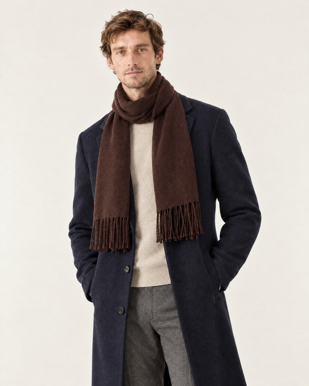 Èze Fringe Scarf in Chocolate – on model