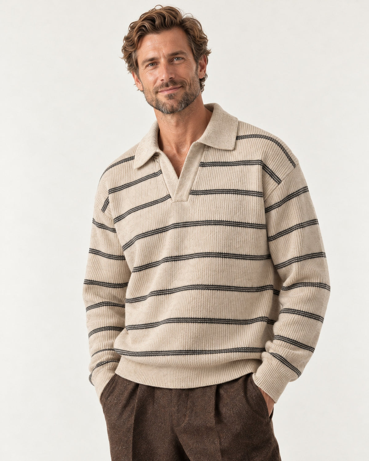 Garoupe Striped Rugby Knit in Oat Stripe – on model, close-up