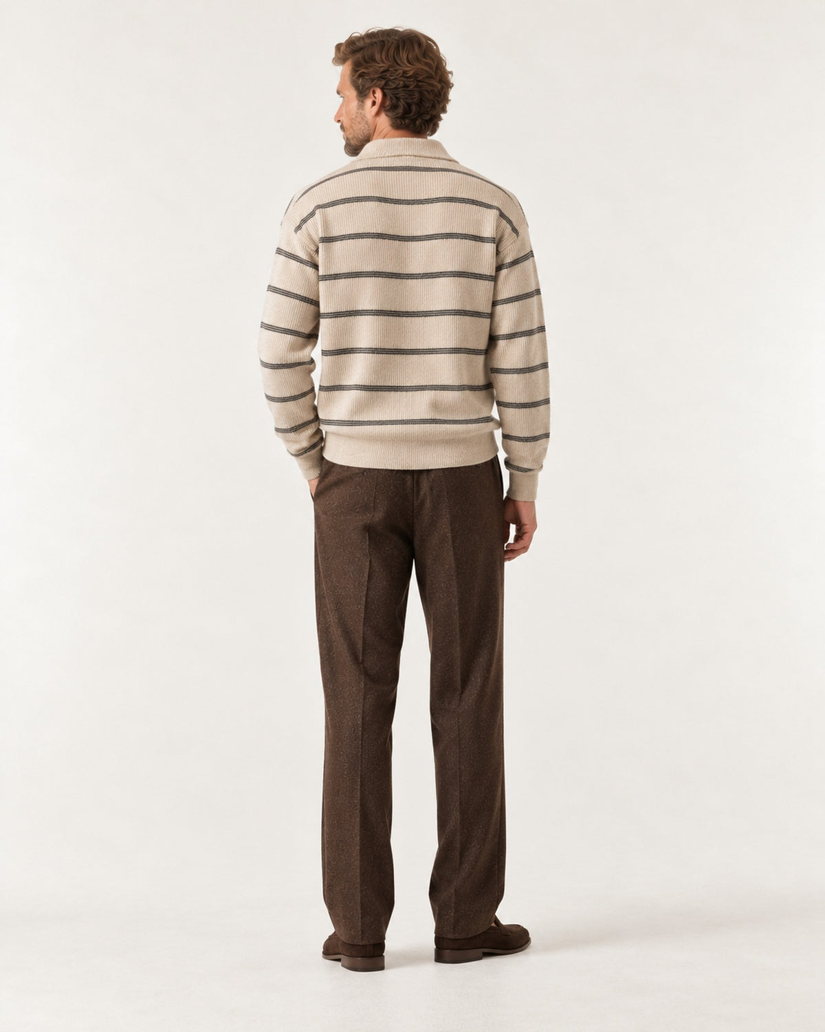 Garoupe Striped Rugby Knit in Oat Stripe – on model, back view