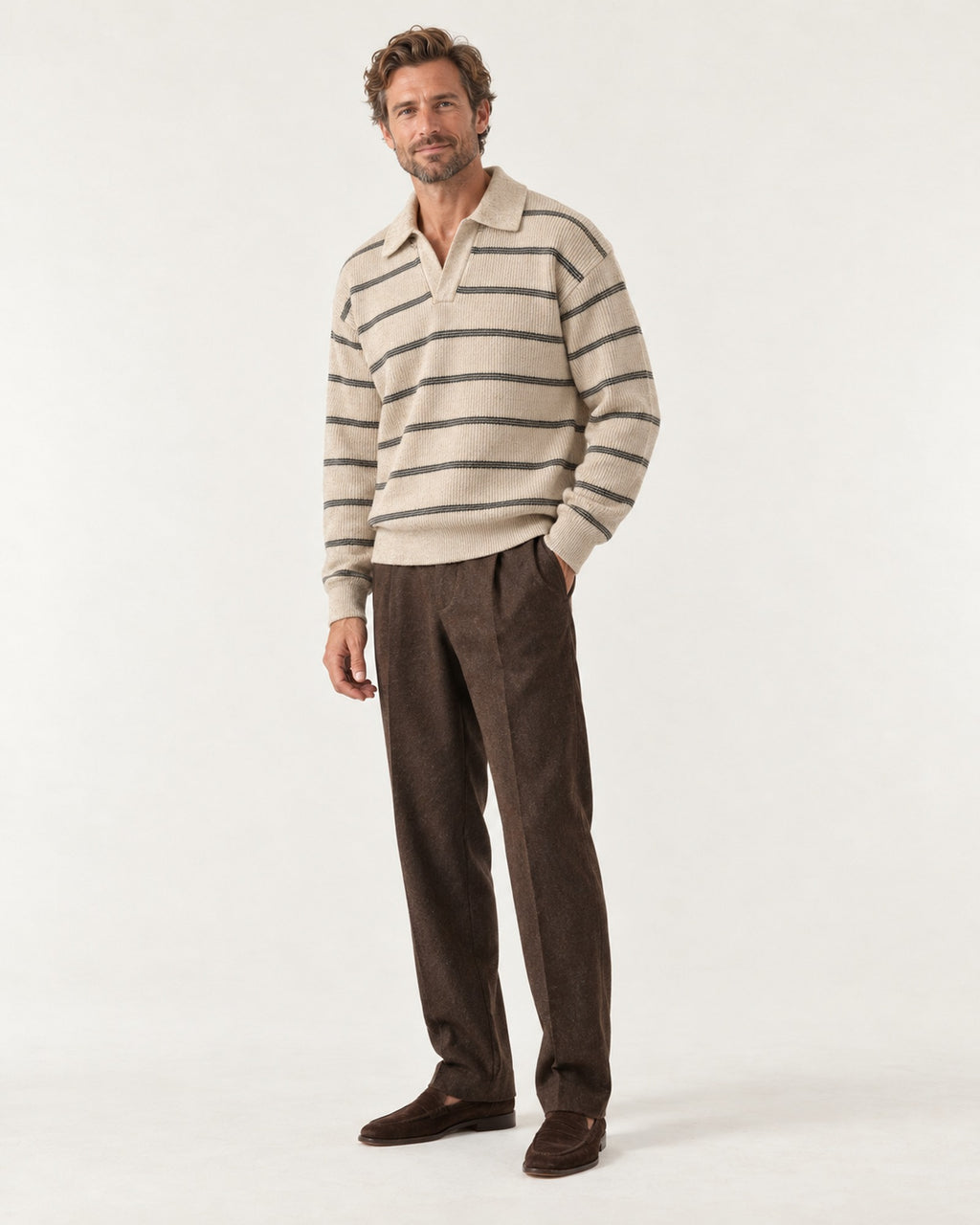 Garoupe Striped Rugby Knit in Oat Stripe – on model