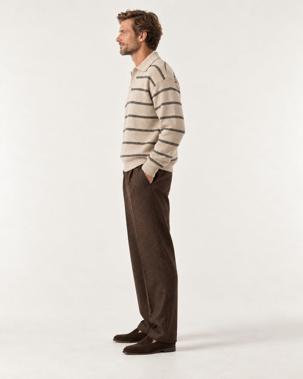 Garoupe Striped Rugby Knit in Oat Stripe – on model, side view