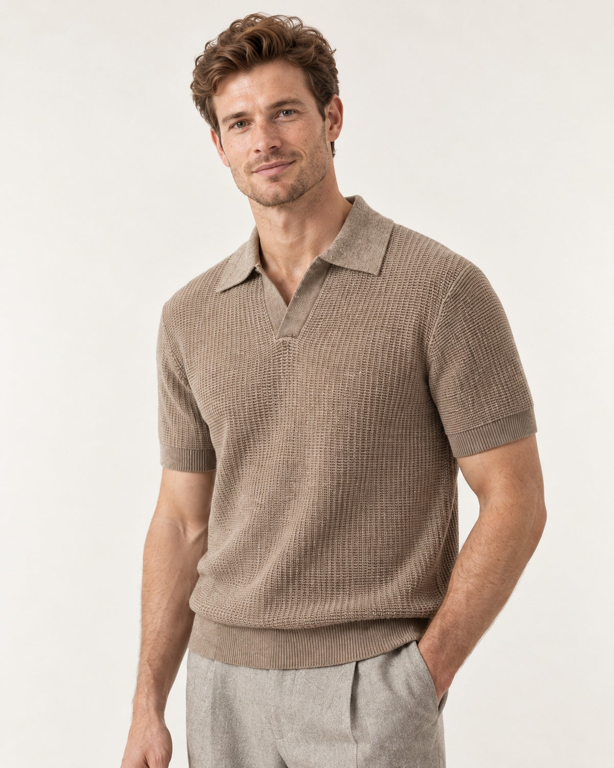 Golfe-Juan Short Sleeve Knit Polo in Brown – on model, close-up