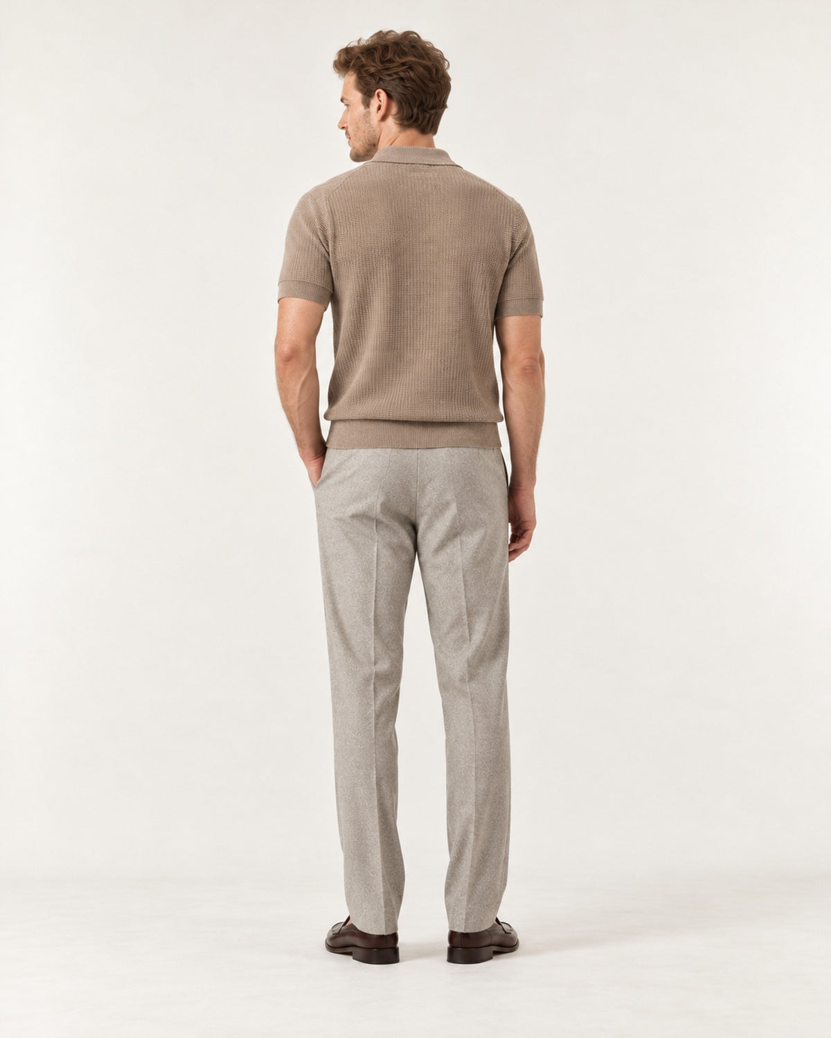 Golfe-Juan Short Sleeve Knit Polo in Brown – on model, back view