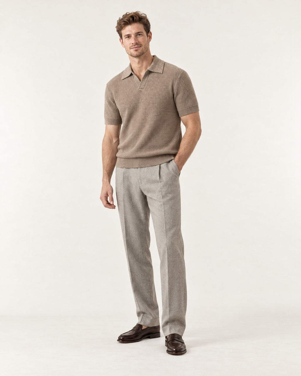 Golfe-Juan Short Sleeve Knit Polo in Brown – on model