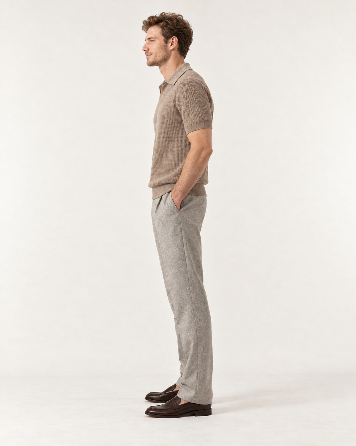 Golfe-Juan Short Sleeve Knit Polo in Brown – on model, side view