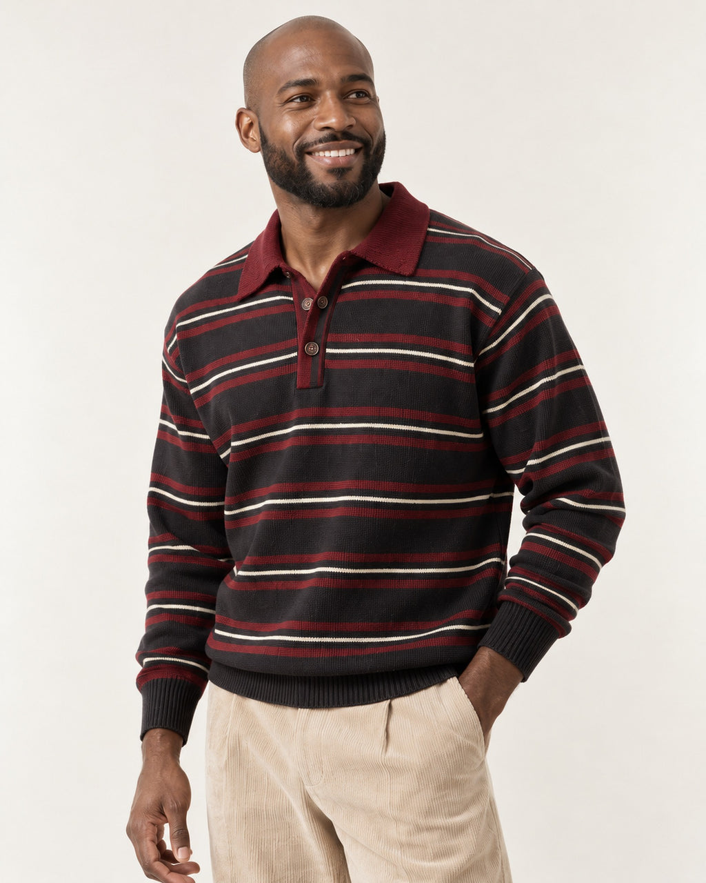 Hercule Striped Rugby Polo in Burgundy – on model, close-up