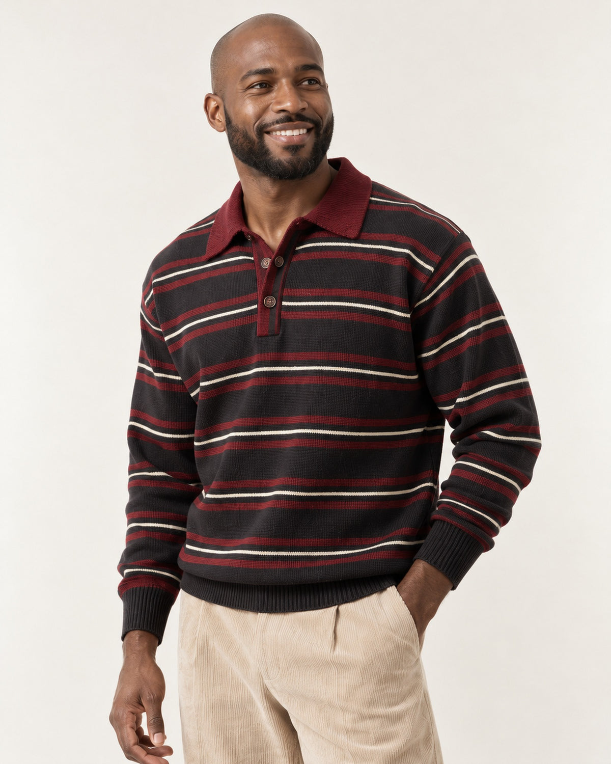 Hercule Striped Rugby Polo in Burgundy – on model, close-up