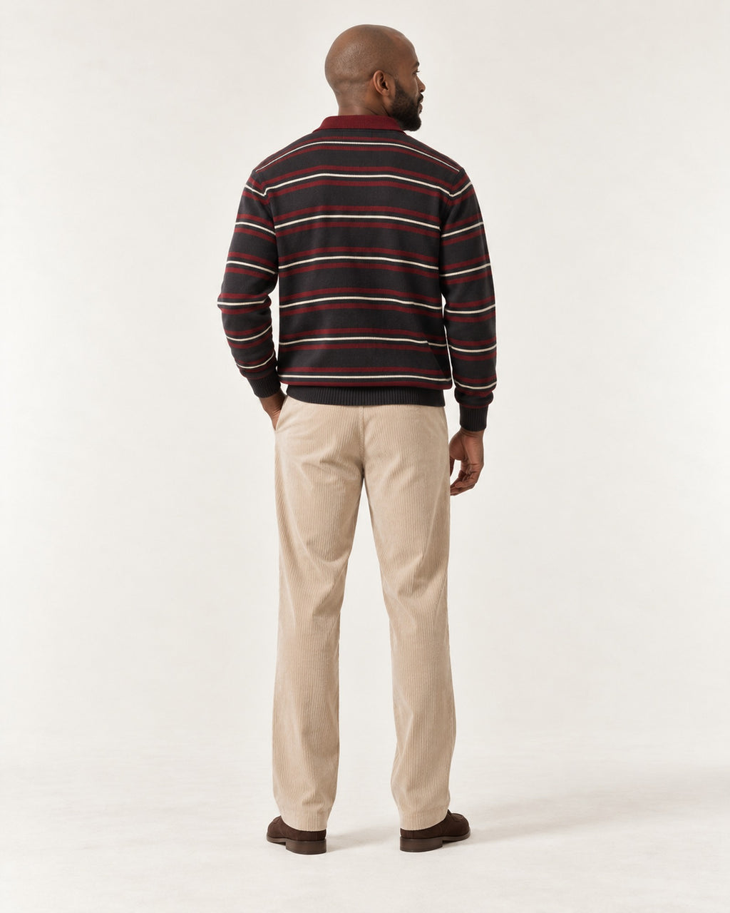 Hercule Striped Rugby Polo in Burgundy – on model, back view