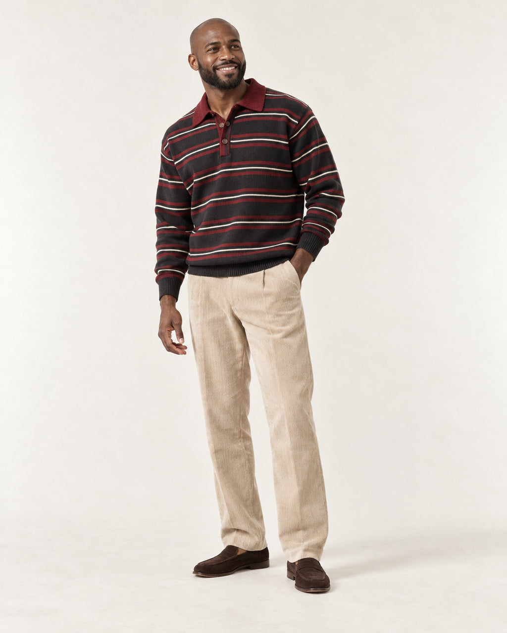 Hercule Striped Rugby Polo in Burgundy – on model