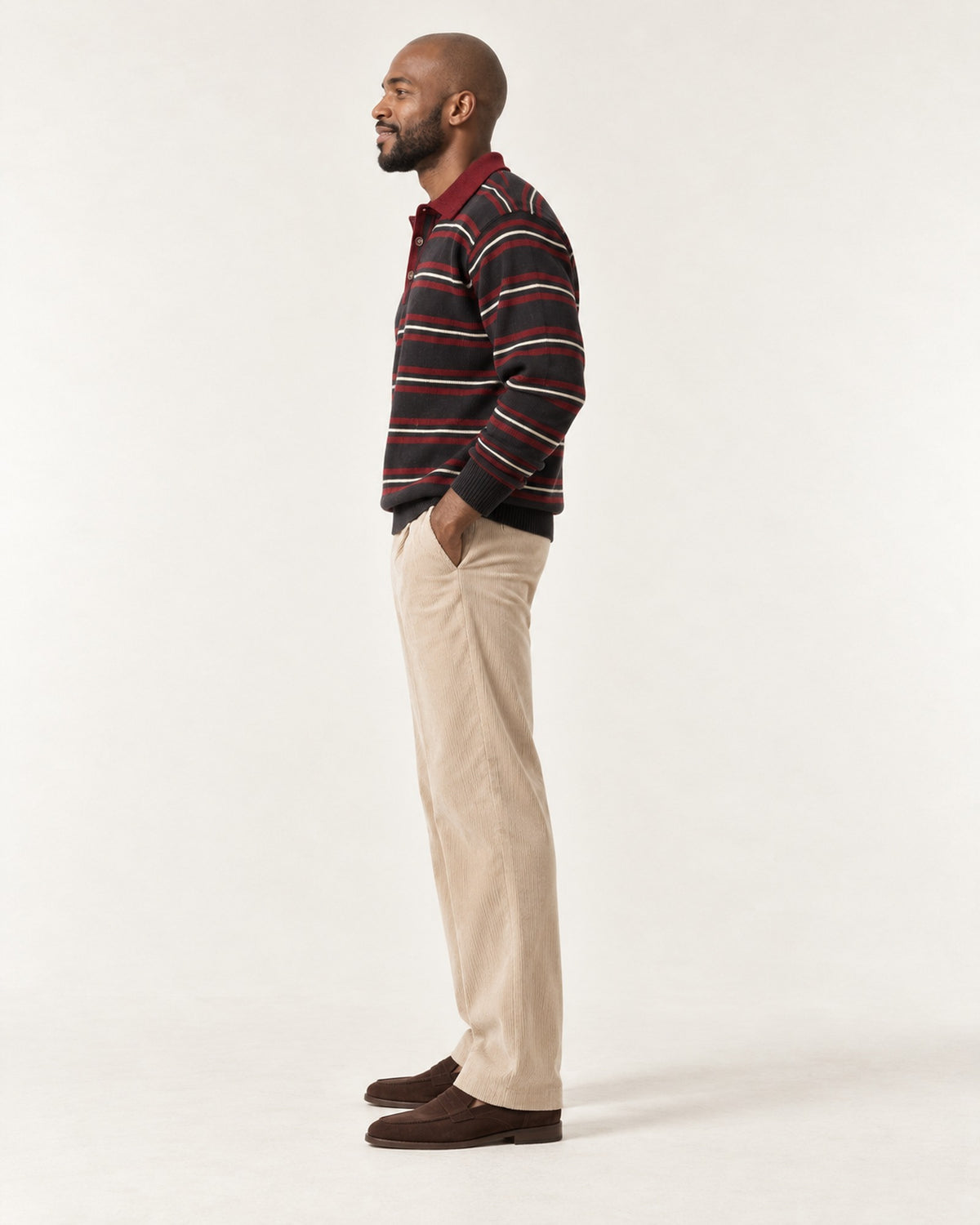 Hercule Striped Rugby Polo in Burgundy – on model, side view