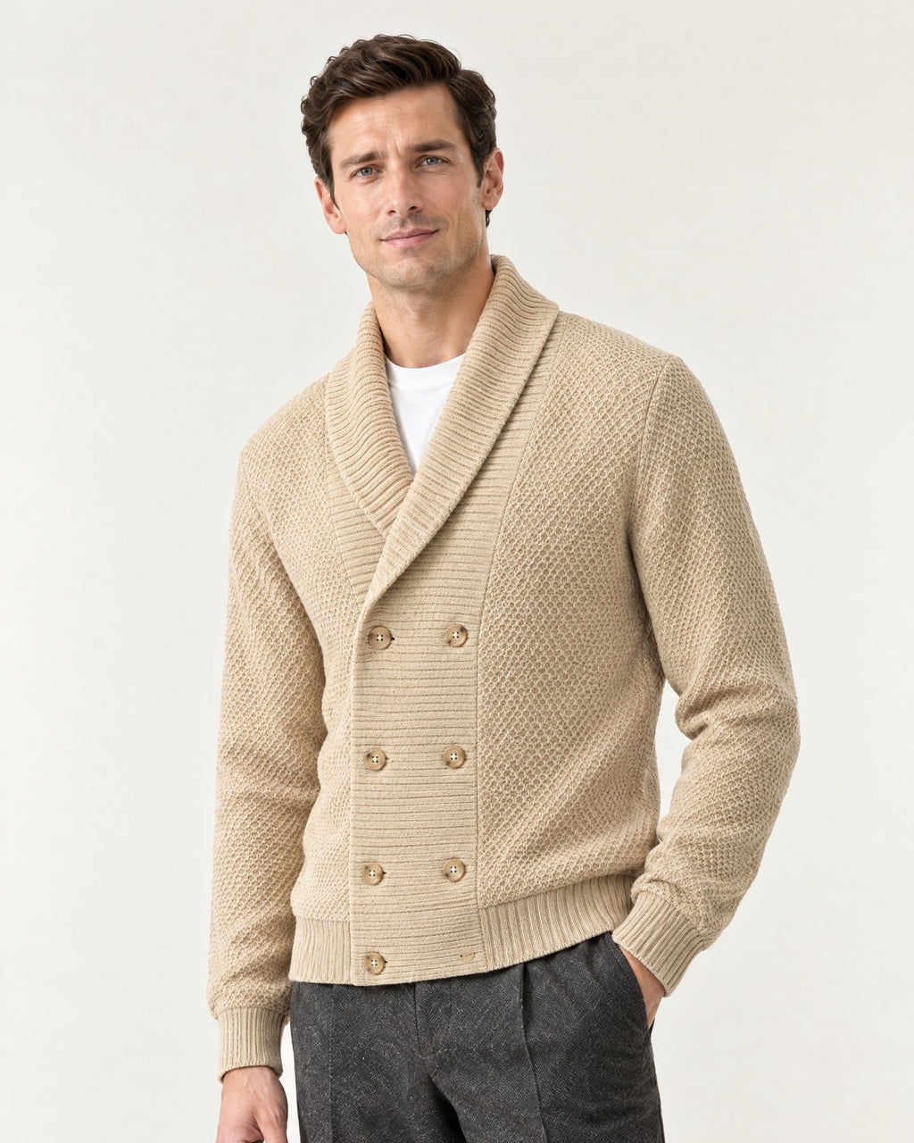 Lérins Double-Breasted Cardigan in Oat – on model, close-up