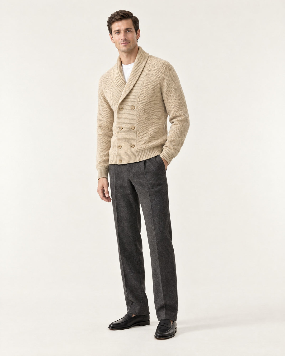 Lérins Double-Breasted Cardigan in Oat – on model