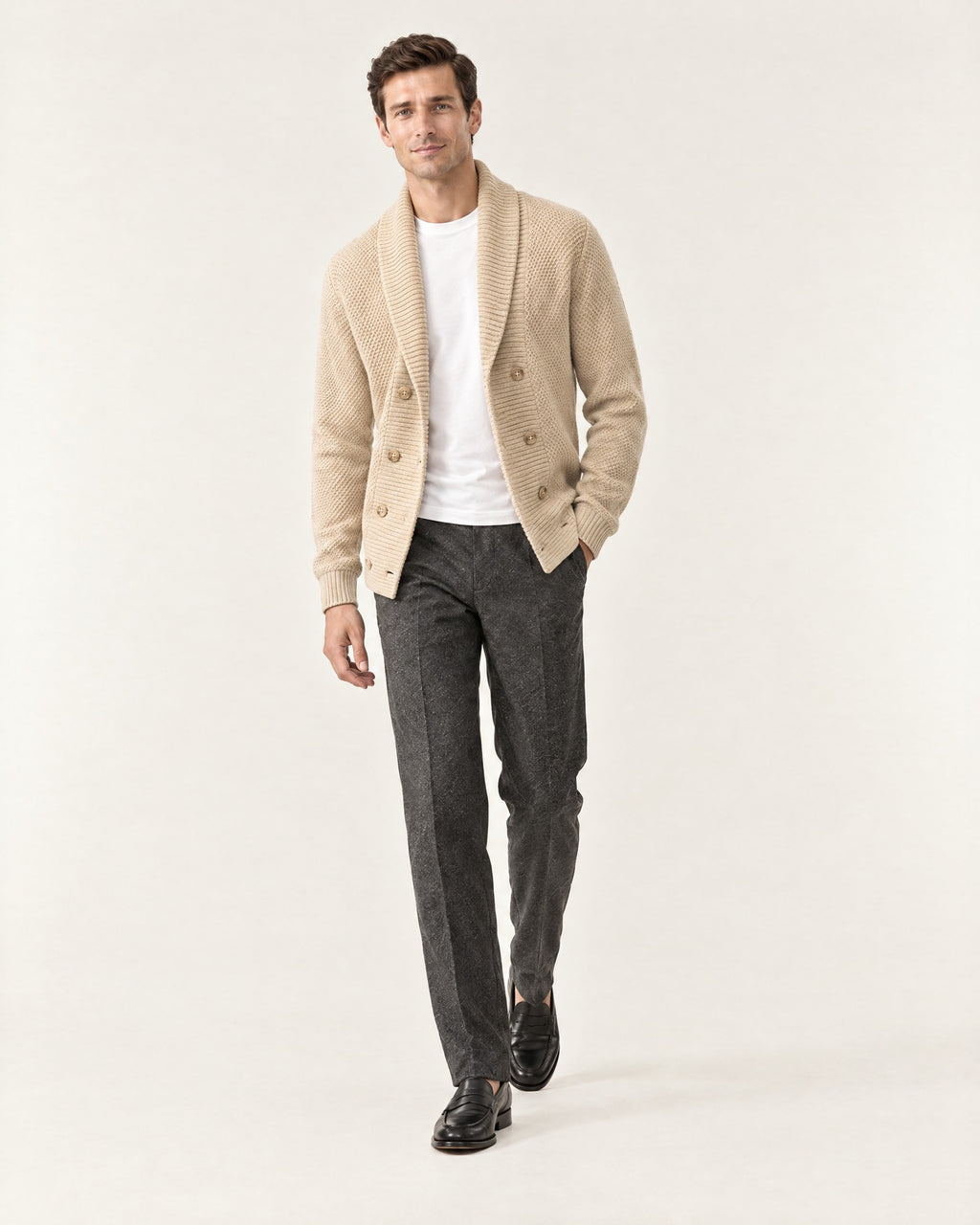 Lérins Double-Breasted Cardigan in Oat – on model, worn open