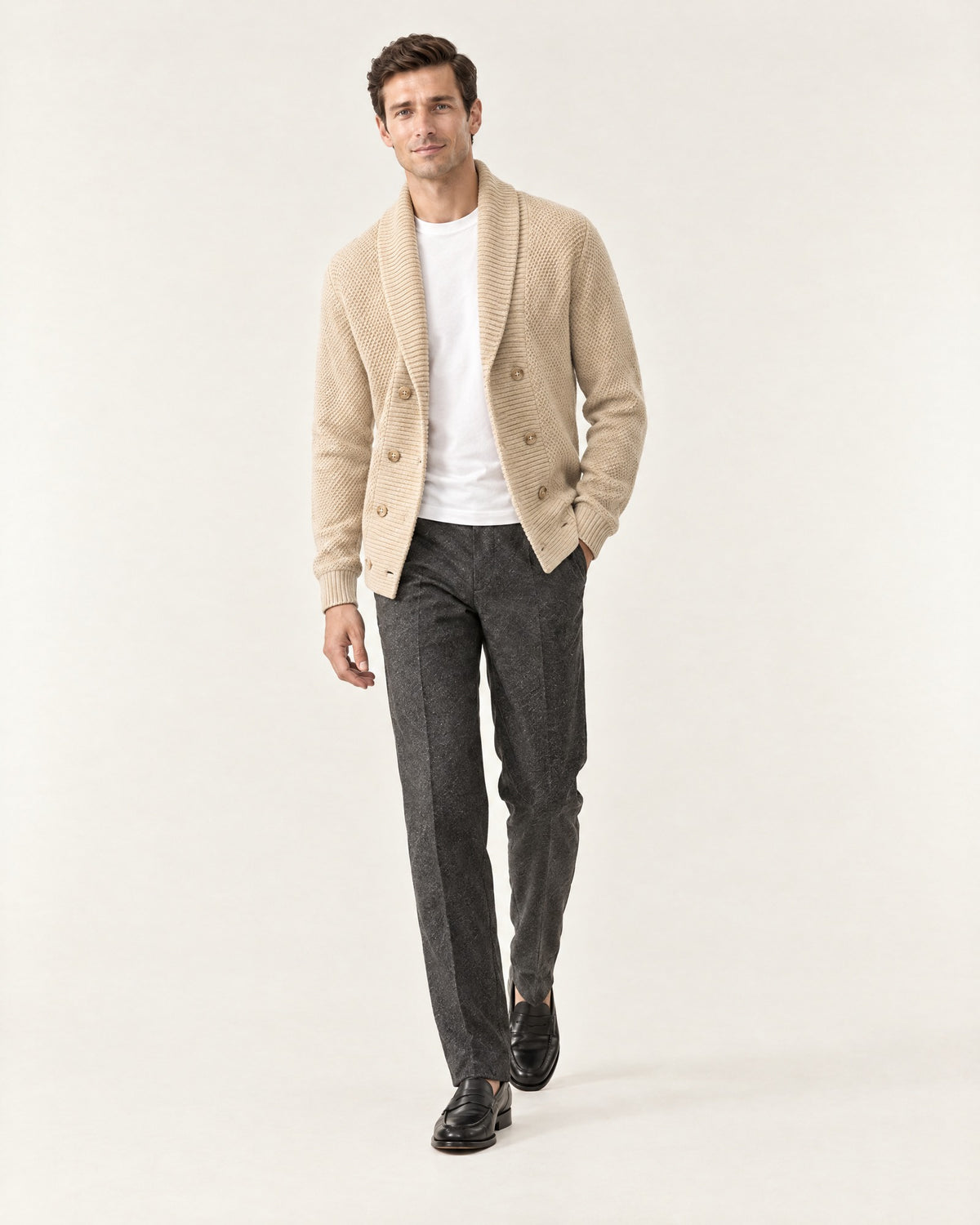Lérins Double-Breasted Cardigan in Oat – on model, worn open